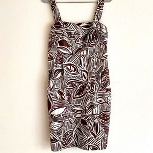 ABS Silk Dress Women Sz 10 Brown White Botanical Leaf Print Cocktail Wedding